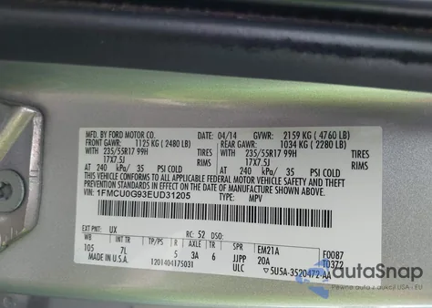 2014 Ford Escape Se z USA, uszkodzony, nr VIN 1FMCU0G93EUD31205